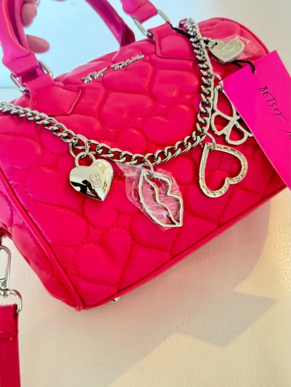 NWT Betsey Johnson xojean W/ Chain Satchel Crossbody Quilted Hearts Hot Pink